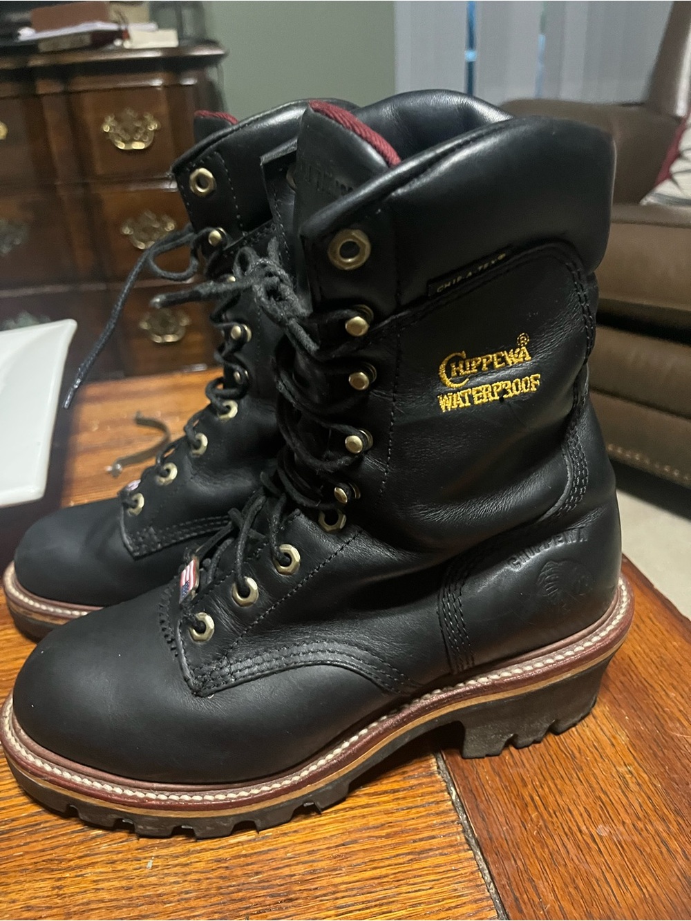 SHIPS FREE! Men’s Chippewa Waterproof Black Leather Lace-Up Work Boots Size 8 - Picture 2 of 12